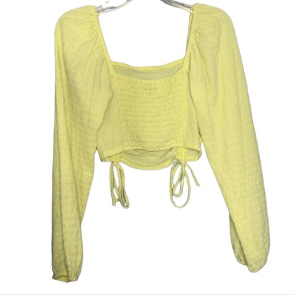 Sophie Rue Top Womens Small Yellow Long Sleeve Cropped Ruched Square Neck Blouse - Picture 3 of 8